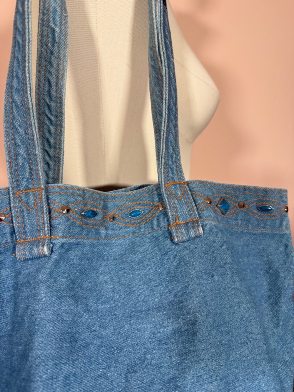 Vintage 1980’s Denim Southwestern Studded Festival Bucket Tote Bag - Picture 15 of 17